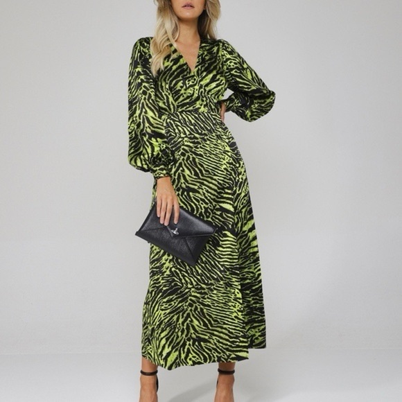 Ganni Dresses & Skirts - GANNI Stretch Silk Satin Tiger Stripe Wrap Dress Scandi Eclectic Blck Grn 38/6/M
